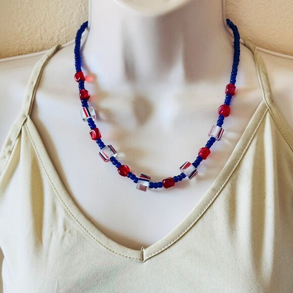 VTG Art Glass beaded collar Necklace Blue red translucent beads Lamp work rare - Picture 3 of 7